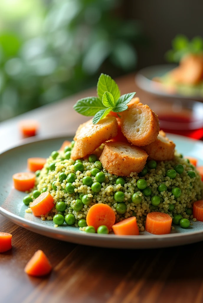 Make cooked green quinoa with peas and small carrots chopped into pieces and pieces of fried fish in cubes on a plate with a distant and lively perspective with smaller pieces of carrot and with red water on the side