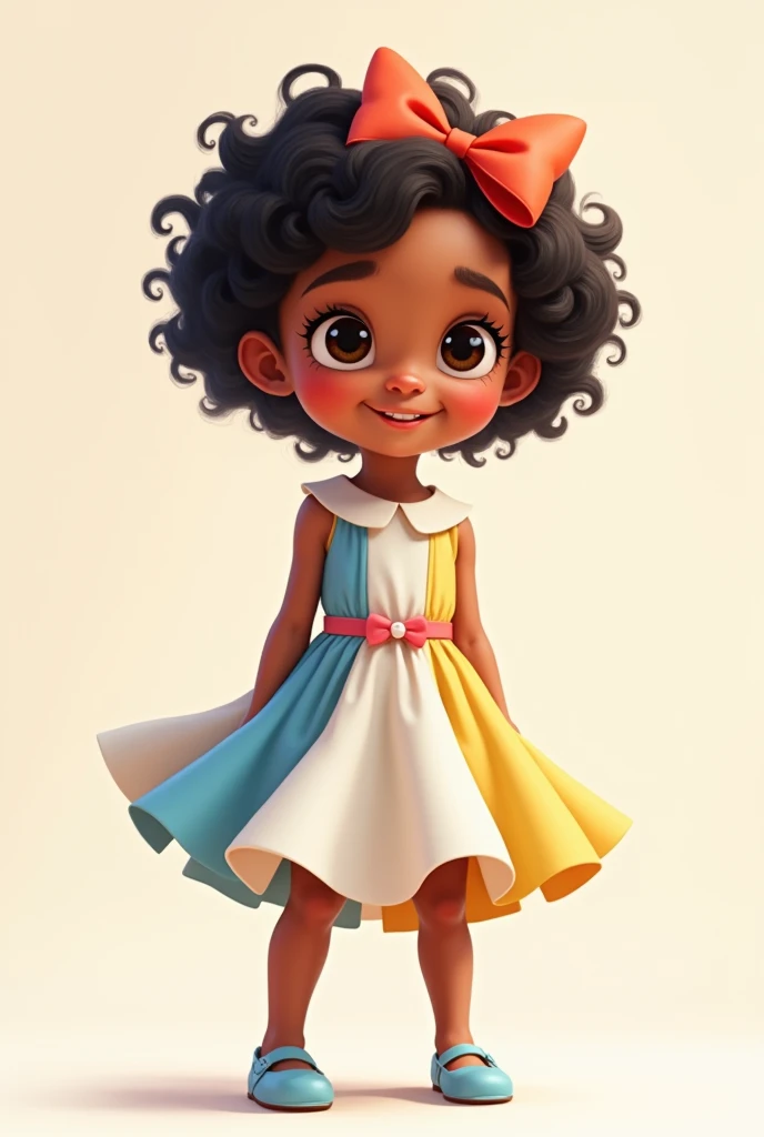 A 2-year-old Pixar cartoon style girl with a beautiful white, blue, yellow and red flared dress with white skin, light eyes and short curly black hair, smiling and very cute with a bow on her head and blue shoes and light skin.