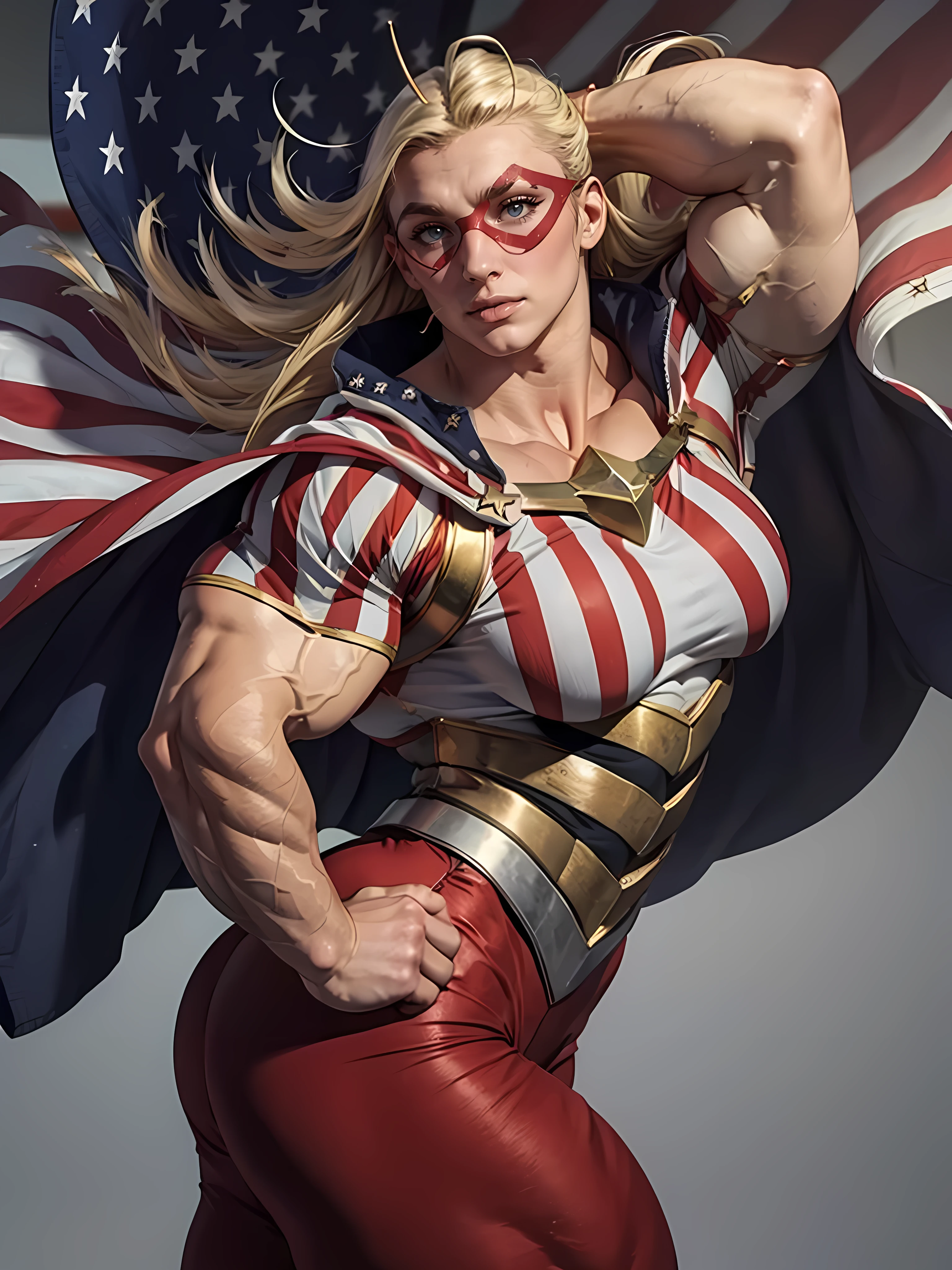 Masterpiece, Massive female bodybuilder, Huge Breasts:2, domino mask, american flag print, striped bodysuit, red cape,starandstripe, antenna hair