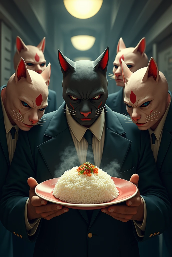 Cat-faced Yakuza gang holding a plate of rice