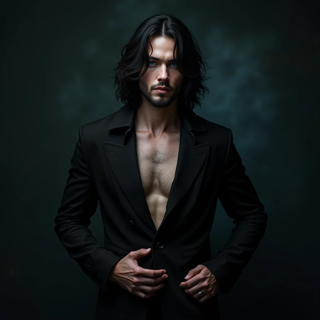 A sexy male with delicate facial features, black long hair, and teal blue eyes with all-black gothic clothes. Standing and putting his hands on his seductive hips.