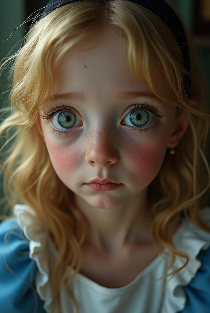 Create a close-up portrait of Alice from 'Alice in Wonderland,' capturing a moment of deep contemplation. Her expression should be one of curiosity mixed with a hint of uncertainty, as if she is pondering profound questions about reality and her place in it. Her large eyes should be wide, reflecting the surreal world around her—perhaps with hints of distorted images like the Cheshire Cat's grin, a clock, or the winding paths of the Wonderland forest. The lighting should be soft yet dramatic, casting gentle shadows that emphasize the depth of her thoughts. Her hair can be slightly tousled, as if she’s been on a long journey, and her iconic headband should be present, perhaps slightly askew, adding to the sense of her being lost in thought. The color palette should be a mix of soft pastels with darker, more introspective tones, creating a balance between innocence and the complexity of her thoughts.
