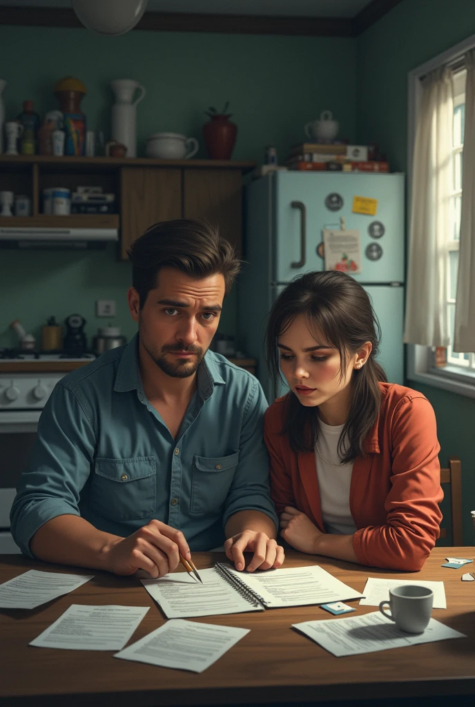 Fais une photo d'un couple qui as une situation financière très difficile qui ne peux pas payer ces factures. Le mari technicien