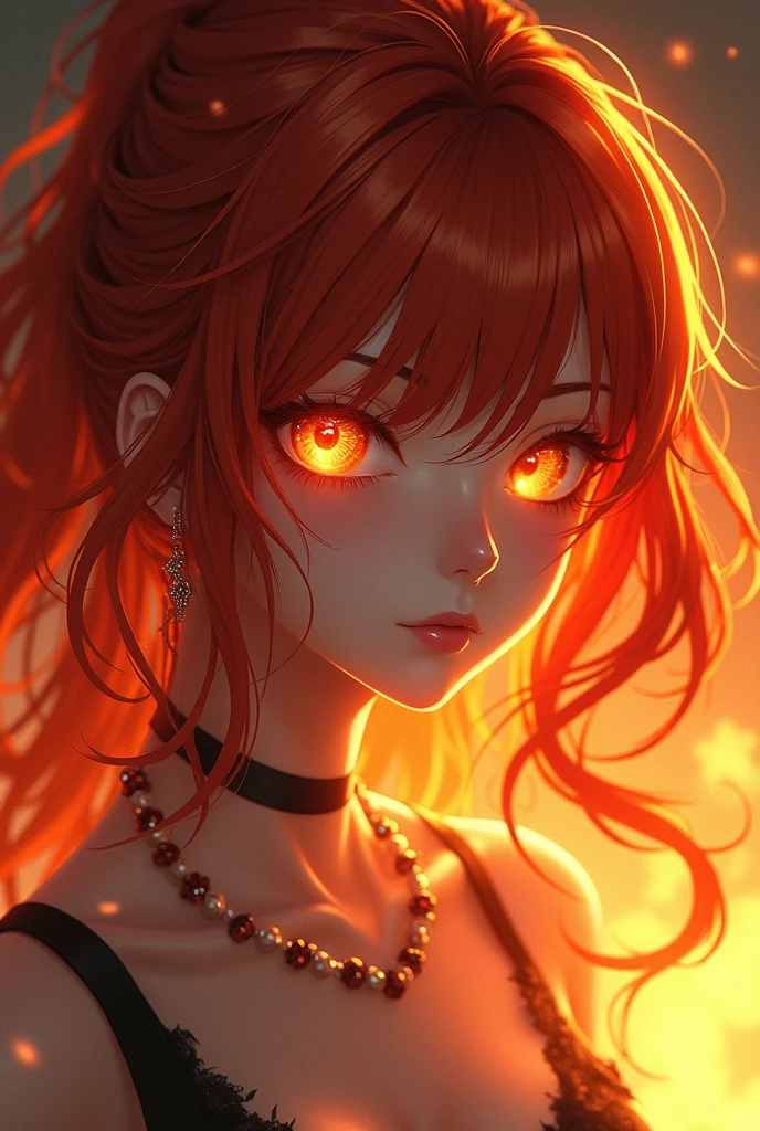 An anime style woman, that she is a pyromaniac, May the colors of your hair be like that of fire. And your eyes are amber. 