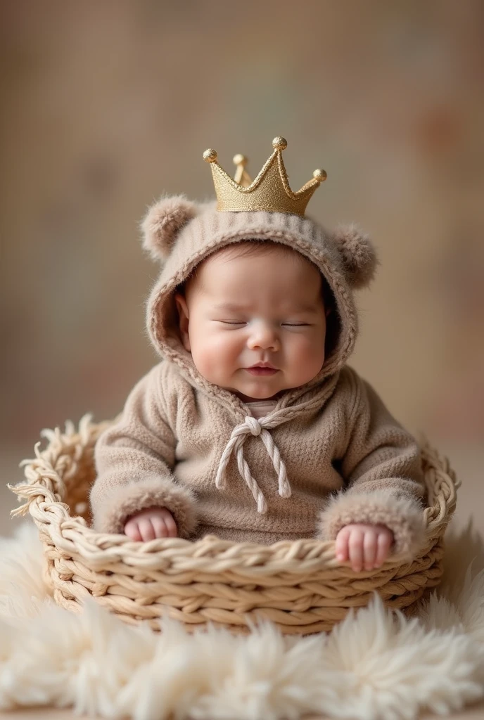 Create for me a real New Born photoshoot scenario to use as a background in the Prince Bear theme 
