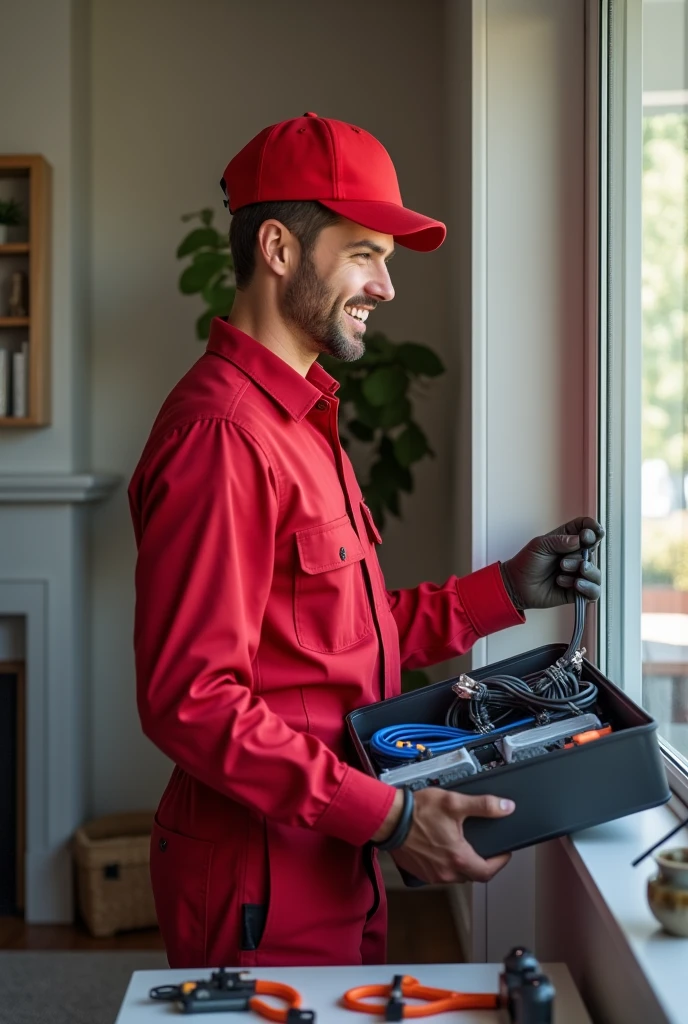 A professional technician in a red uniform installs internet and cable services in a modern house. The technician smiles and works efficiently, with tools and equipment in sight. 