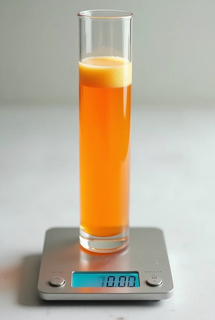 an orange soda placed in a test tube and in turn the test tube on a scale that shows its mass in numbers, in grams and the measurement of the test tube is visible