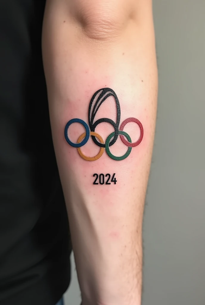 Crée un tatouage avec les anneaux des jeux olympiques, en fond à l’arrière des anneaux dessine un ballon de rugby minimaliste bien distinct et en dessous des anneaux écrit 2024