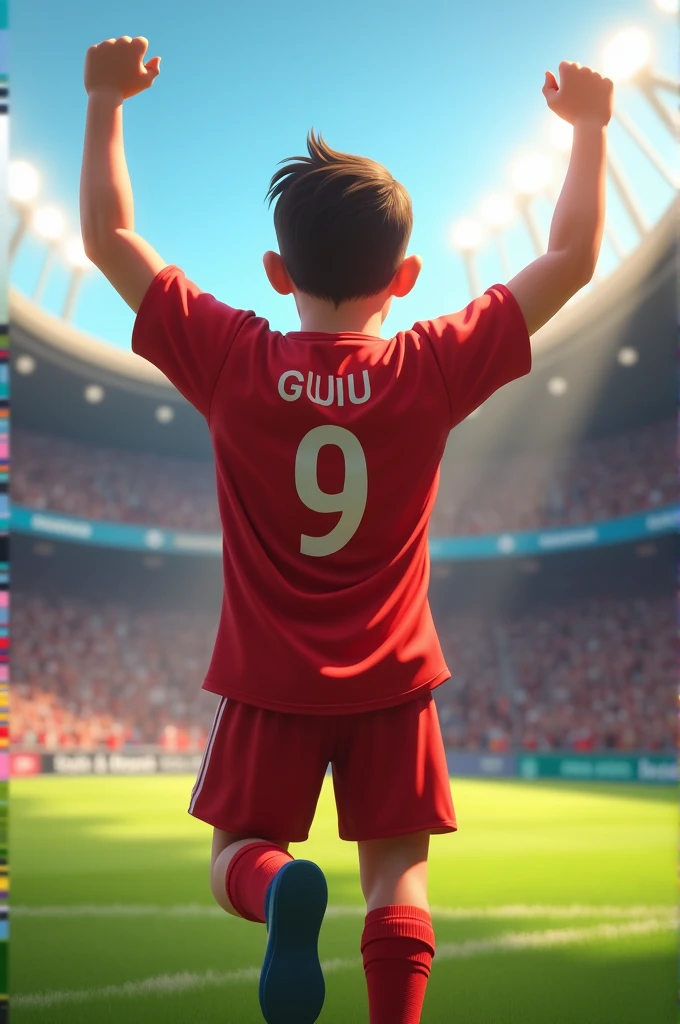 Create a soccer player with a red shirt wearing the number 9 and a name with guiu. That he is celebrating for scoring a goal in a small stadium