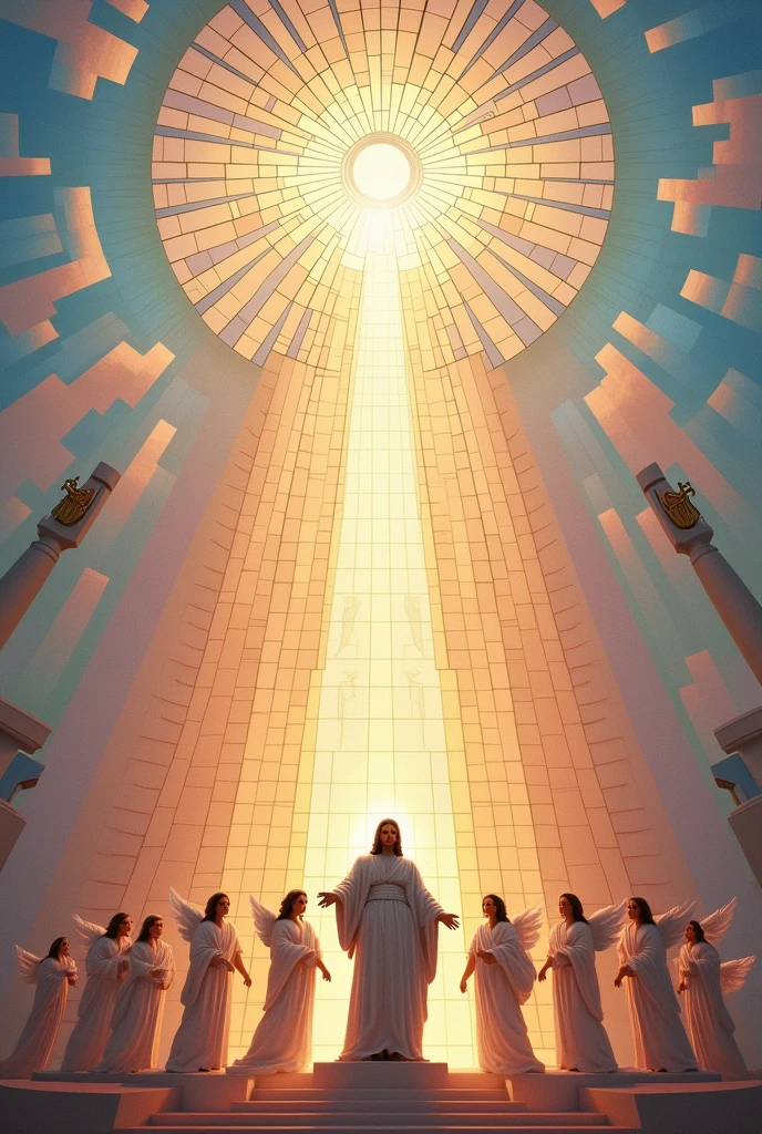 Wonderful mosaic with geometric rays in pastel tones with a drawing of Jesus Christ and angels in silhouette