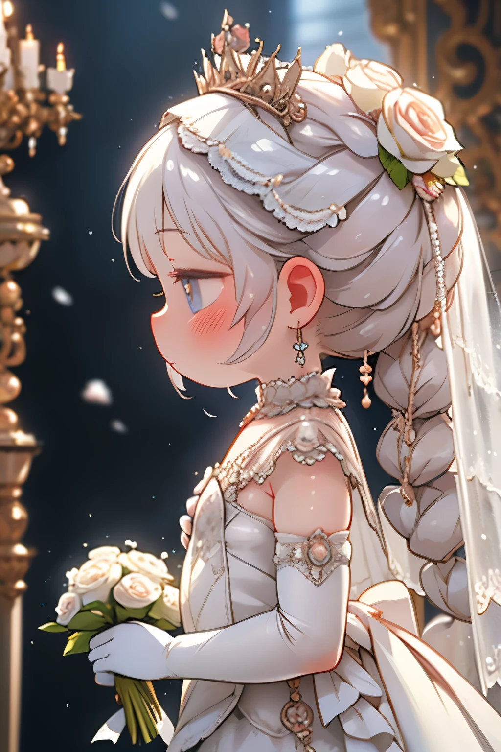 One , Earrings，Veil，jewelry，alone，wedding dress，flower束，dress，bridal Veil，flower，elbow gloves，white dress，gloves，flower嫁，Upper Body，From the side，profile，white gloves，Rose，Medium chest，Mouth closed，hoop Earrings，white flower，holding flower束，