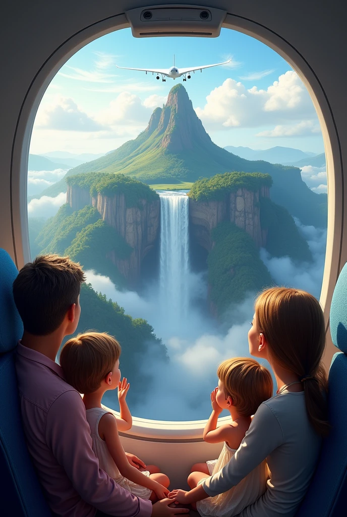Vertical image of a family riding on a plane looking at the current wonders of the world with Angel Falls in the center 