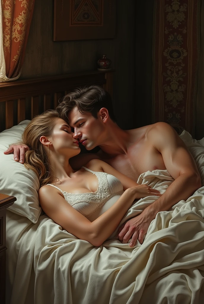 Naked medieval woman next to her boyfriend in bed