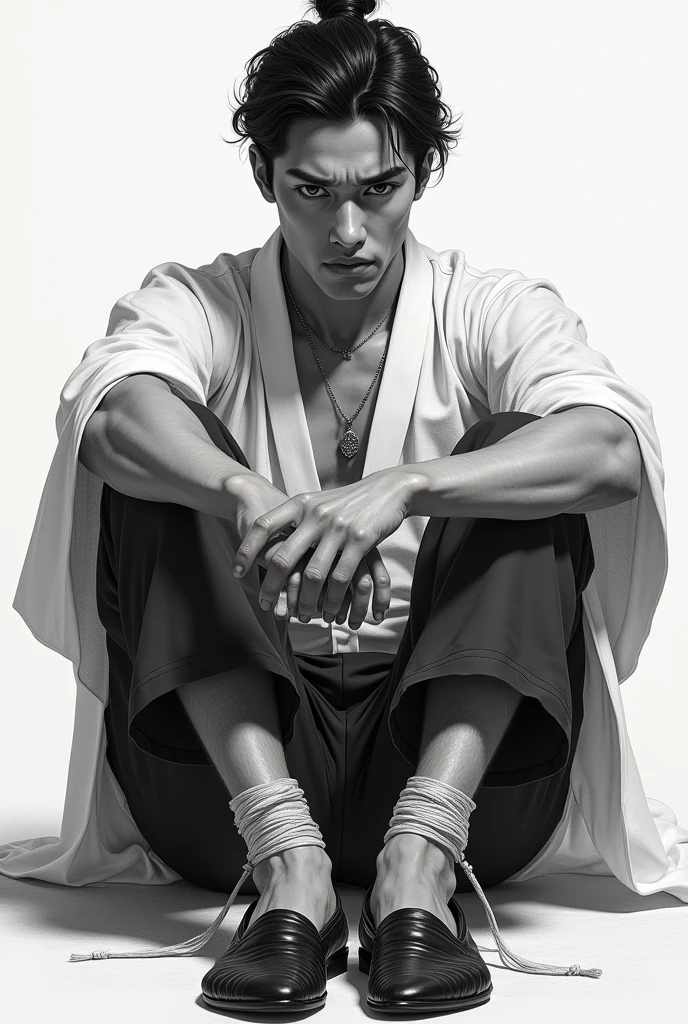 Handsome Japanese man with tied feet wearing shoes