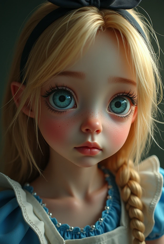 Create a close-up portrait of Alice from 'Alice in Wonderland,' capturing a moment of deep contemplation. Her expression should be one of curiosity mixed with a hint of uncertainty, as if she is pondering profound questions about reality and her place in it. Her large eyes should be wide, reflecting the surreal world around her—perhaps with hints of distorted images like the Cheshire Cat's grin, a clock, or the winding paths of the Wonderland forest. The lighting should be soft yet dramatic, casting gentle shadows that emphasize the depth of her thoughts. Her hair can be slightly tousled, as if she’s been on a long journey, and her iconic headband should be present, perhaps slightly askew, adding to the sense of her being lost in thought. The color palette should be a mix of soft pastels with darker, more introspective tones, creating a balance between innocence and the complexity of her thoughts.