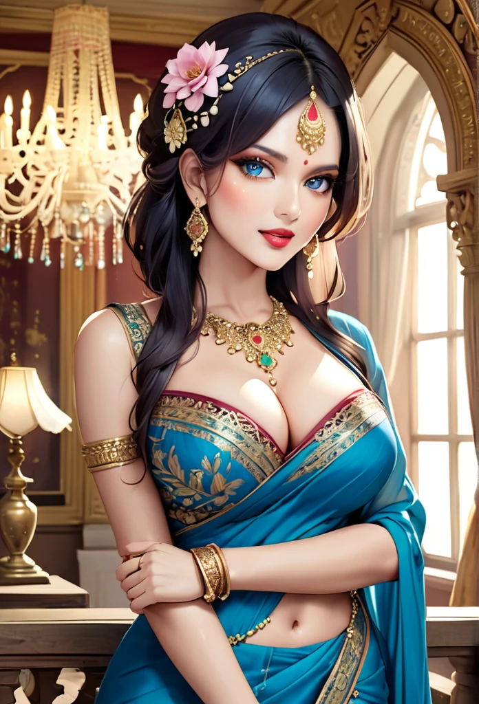 Hot sexy beautiful milf, long sparkling chandelier earrings,big breasts, ,black hair ,blush,blue eyes,red lipstick, chandelier jewelry,makeup, ornament, chandelier necklace,waist chain, rings,bangles,hair flower brochure,hair pins,hair chain, royal palaces and grand architecture, Traditional Indian sari, elegant draping style, intricate floral motifs, handwoven silk material, embellished with sequins and beads, sparkling gemstones and gold accents, artistic rendering of Indian culture, traditional jewelry and accessories, indian traditional wedding saree, crown , cleavage