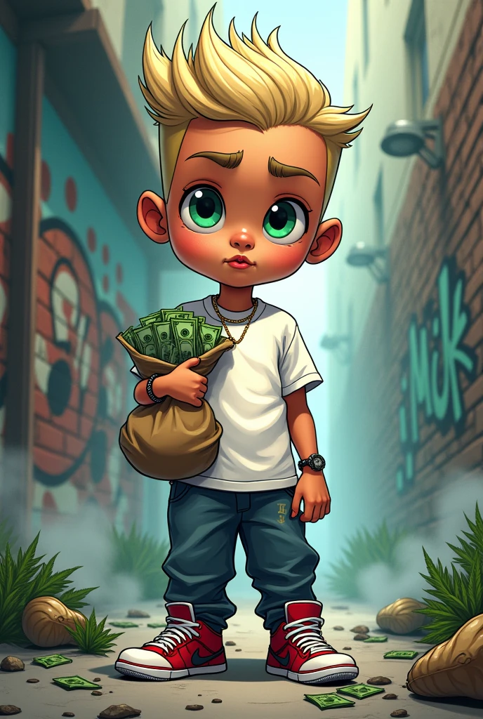 Ghetto white boy green eyes with a fade wearing jordans and a white tee shirt holding bag of dollars grafitti walls and smoke and marijuana in the background  cartoon