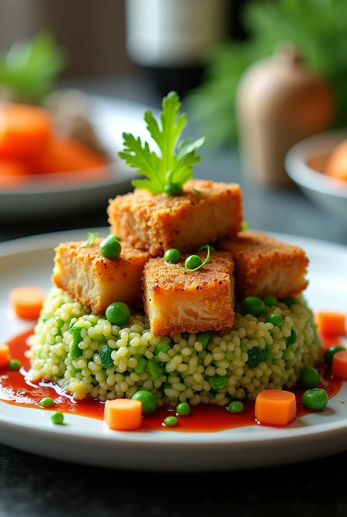 Make cooked green quinoa with peas and small carrots chopped into pieces and pieces in cubes of fried fish plated on a plate with a distant and lively perspective with smaller pieces of carrot and with red water on one side the carrot in small cubes the size of peas