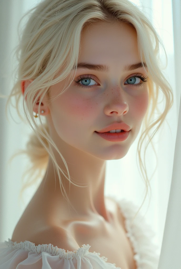 Blonde young slim thin face whitish hair pretty smile blue eyes