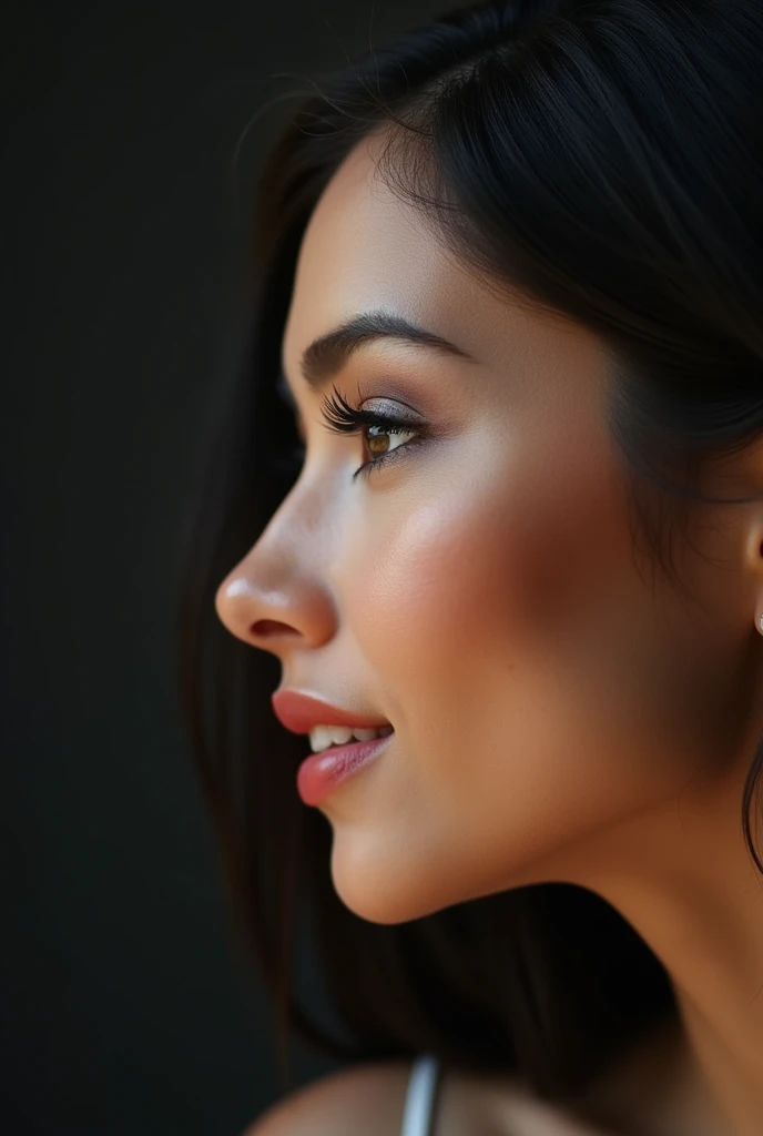 Just a woman&#39;s face in profile, well-defined full lips, delicate and upturned nose, big eyelashes, thick, well-marked and effeminate eyebrows, fox-shaped eyes, very light brown skin, very black and straight hair, well-marked jaw , gorgeous  woman, perfect smile, image ultra realistic
