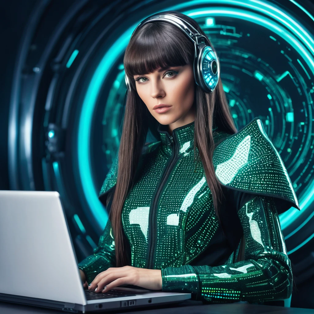 generate stunning futuristic magic picture of tough producer executive girl wise smart adult live brunette with long hair and bangs behind powerful laptop in magical alien intergalactic unusual clothes on guard in film industry in style futurism extravagant.
style like in matrix. 