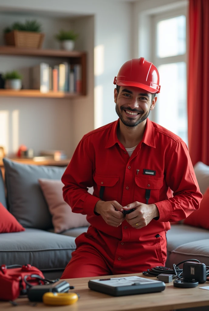 A professional technician in a red uniform installs internet and cable services in a modern house. The technician smiles and works efficiently, with tools and equipment in sight. 
The background shows a comfortable and well-equipped living room., with the white and red house, but mainly red