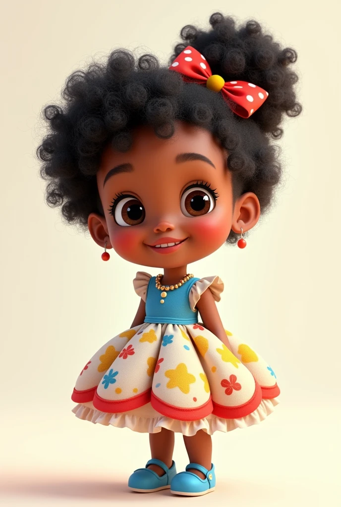 A 2-year-old Pixar cartoon style girl with a beautiful white, blue, yellow and red flared dress, light eyes and short curly black hair, smiling and very cute with a bow on her head and blue shoes and light skin.