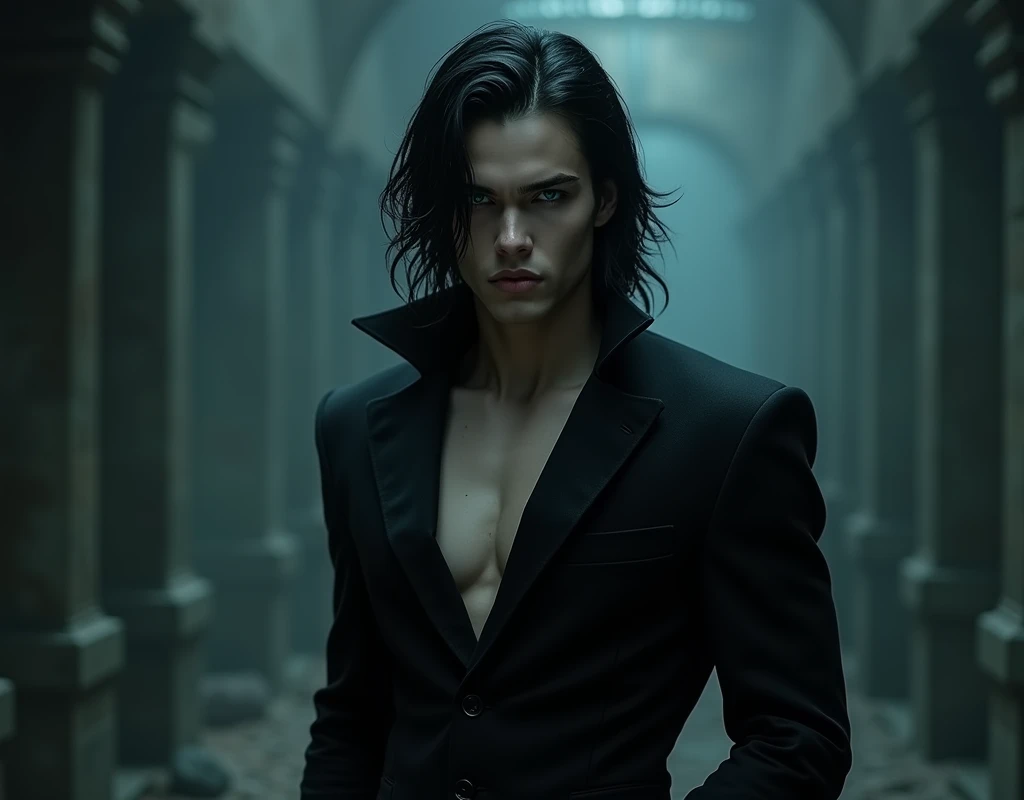 A sexy male with delicate facial features, black long hair, and teal blue eyes with all-black gothic clothes. Standing and putting his hands on his seductive hips. No facial hair.