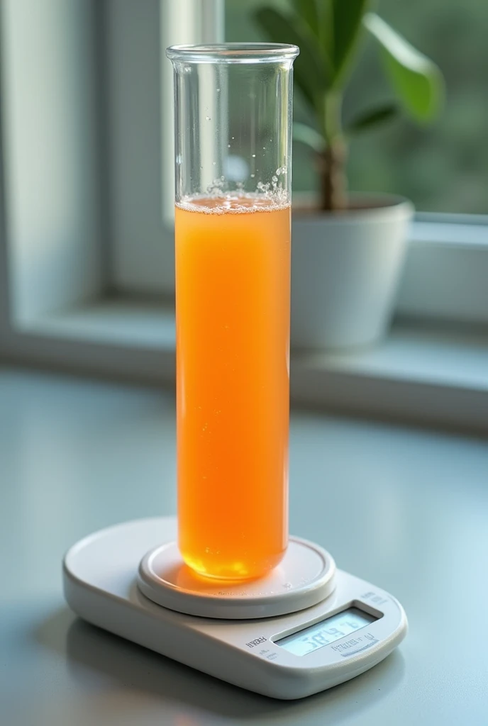 An orange soda placed in a volumetric test tube and in turn the test tube on a scale that shows its mass in numbers, in grams and the measurement of the test tube is visible