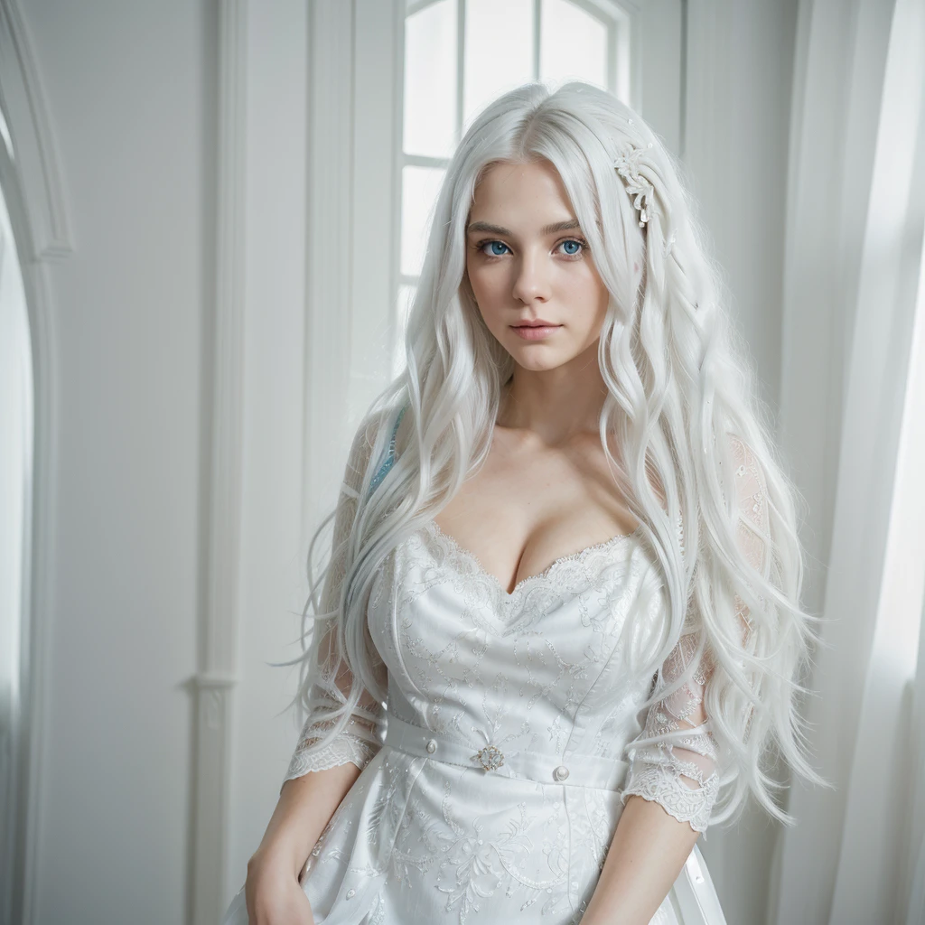 ((best qualityer)), ((work of art)), ((detailded)), a beautiful young woman, young white color, Long, wavy hair, White hair, blue colored eyes, raio de luz através do White hair, elegant outfit, elegant pose, top quality picture, super realistico, 8 k quality, ultra realisitic, cinema quality