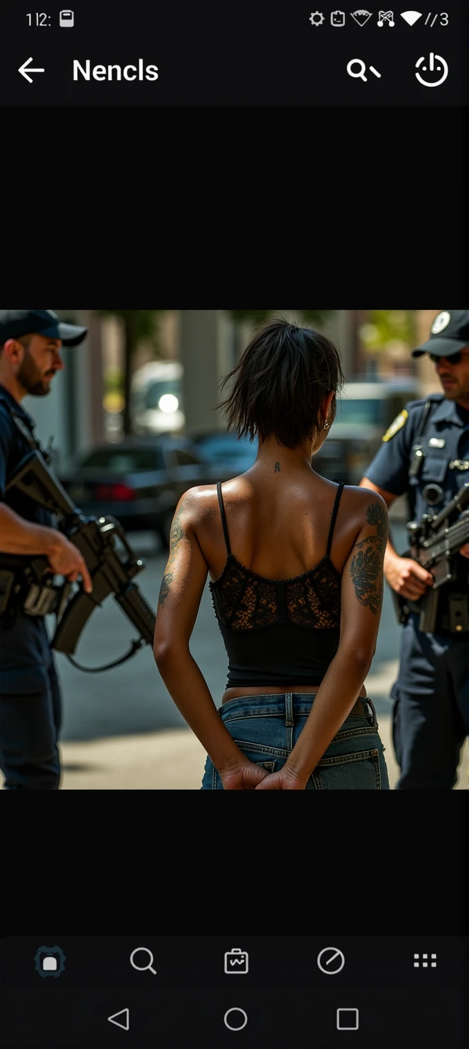 "A daytime arrest scene in warm weather, showing a young woman in a black lace tank top and jeans, with tattoos on her arms and back. The woman's skin is glistening with sweat due to the heat, giving her a slightly shiny appearance. She is being arrested by two police officers. The woman's hands are clearly behind her back, secured in handcuffs, and not visible from the front. The police officers are both in dark uniforms; one is holding an assault rifle, while the other officer is holding her arm, ensuring her hands remain behind her back. The scene is well-lit by daylight, with the focus on her back, her glistening skin, and the tense atmosphere. The woman is looking over her shoulder with a defiant expression."