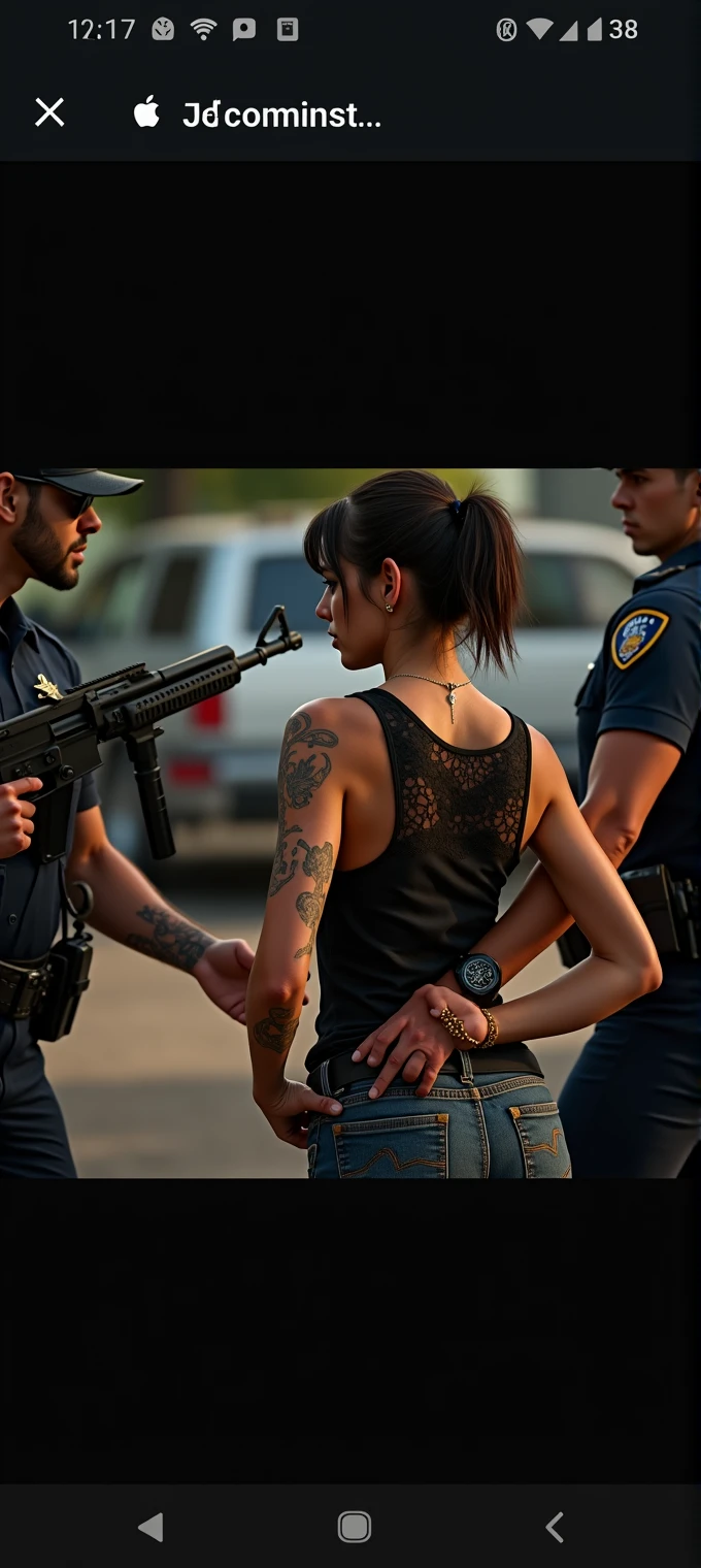 "A daytime arrest scene in warm weather, showing a young woman in a black lace tank top and jeans, with tattoos on her arms and back. The woman's skin is glistening with sweat due to the heat, giving her a slightly shiny appearance. She is being arrested by two police officers. The woman's hands are clearly behind her back, secured in handcuffs, and not visible from the front. The police officers are both in dark uniforms; one is holding an assault rifle, while the other officer is holding her arm, ensuring her hands remain behind her back. The scene is well-lit by daylight, with the focus on her back, her glistening skin, and the tense atmosphere. The woman is looking over her shoulder with a defiant expression."