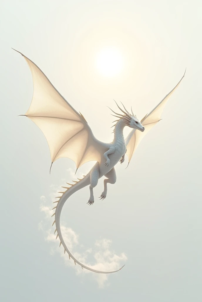 A dragon with simol features flying on a white background with only a sun behind it 
