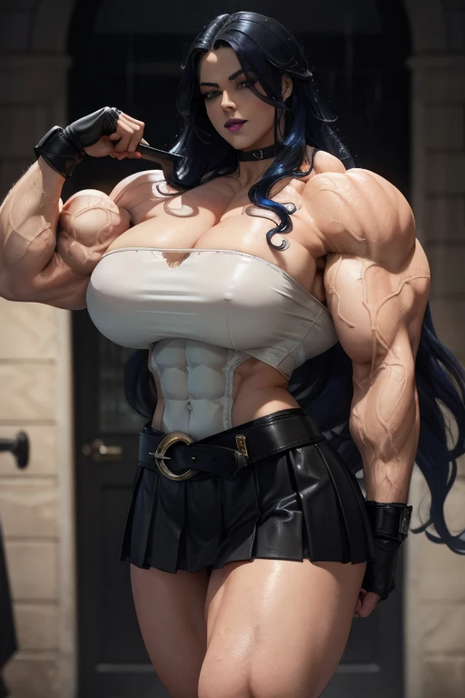 ((Close-up)), tall, (wet royal blue hair) beautiful wet muscular woman, long curly wavy har, pale white skinned, large breast, closed smile, (black lipstick), (massive muscles), (hyper muscle), ((ginormous bulky muscles)), white eyes, (((black leather top))), (((black leather pleated skirt with belt))), (fingerless gloves), choker, boots, in a dark raining street,