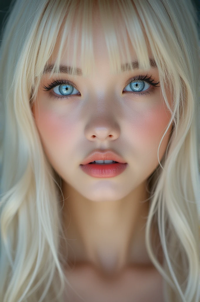 (a closeup:1.4)、(RAW shooting:1.2)、(Photorealsitic:1.4)、(​masterpiece:1.3)、(top-quality:1.4)、bright expression、extremely beautyful girl、Extraordinary beautiful girl、Detailed cute and beautiful face、Beautiful bangs、Glowing white shiny skin、facial hairs、Bangs that extend to the face、Bangs between the eyes、Super long hair、Attractive light and dark platinum blonde super long straight silky hainer hair、Attractive glowing beautiful bright clear light blue big eyes、Luxurious dresses、Double eyelids、Lush bust、The upper part of the body、