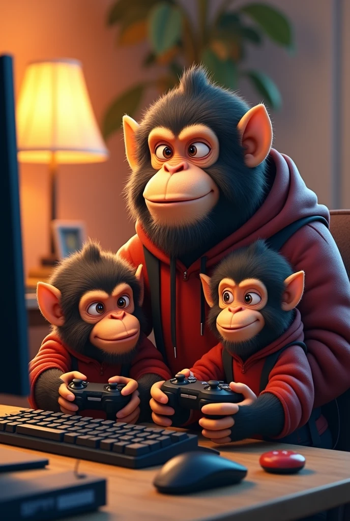 Little gamer monkeys who are 1 dad, 2 sons and a daughter