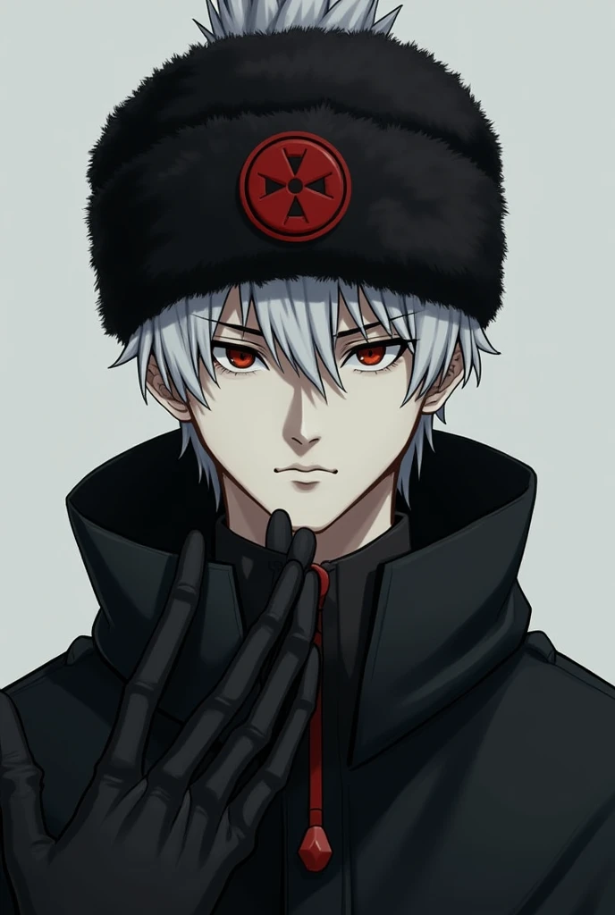 A tall young man, with white skin and white-gray hair, he wears a black ushanka with a red circular symbol in the middle. He is very serious, has a serious and indifferent look, wears black gloves and is wearing a black coat.