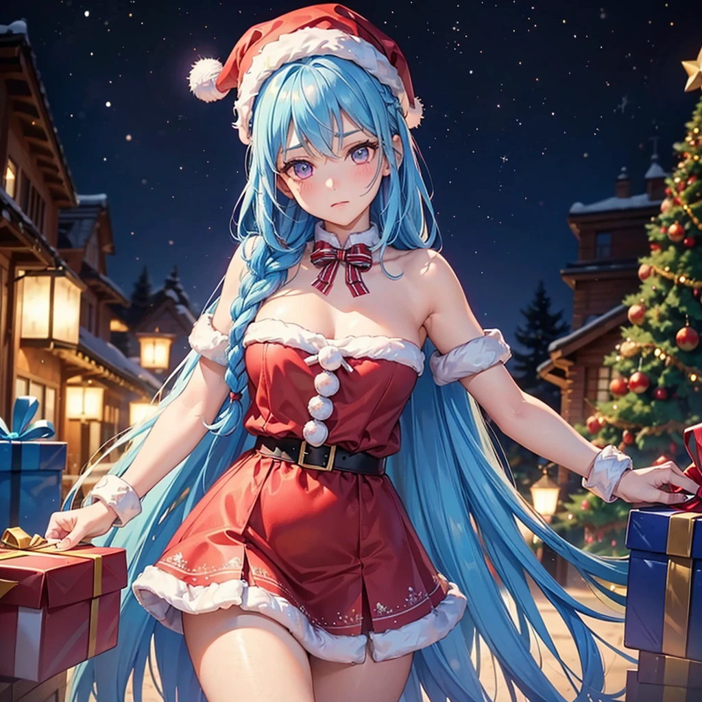 (Sky blue hair),(Braided Hair), (Pink Eyes),Fair skin) ,(whole body),(One Girl),(Gift boxes filling the background),(Santa Claus clothes),Santa Claus hat,(Christmas Party),(masterpiece, Highest quality, Very detailed, Best Shadow), (Detailed Background), (Beautifully detailed face), High Contrast, (Best lighting, Very delicate and beautiful), ((Cinematic Light)), Hyper Detail,8k, Dramatic Light, Intricate details,night,