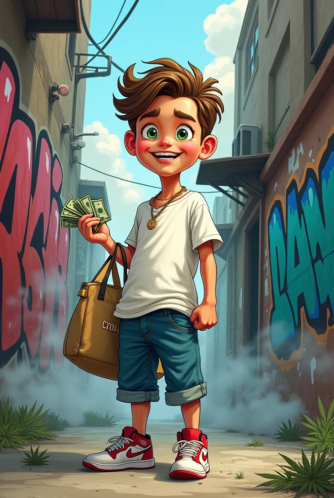 Ghetto white boy green eyes with a fade wearing jordans and a white tee shirt laughing holding bag of dollars grafitti walls and smoke and marijuana in the background cartoon