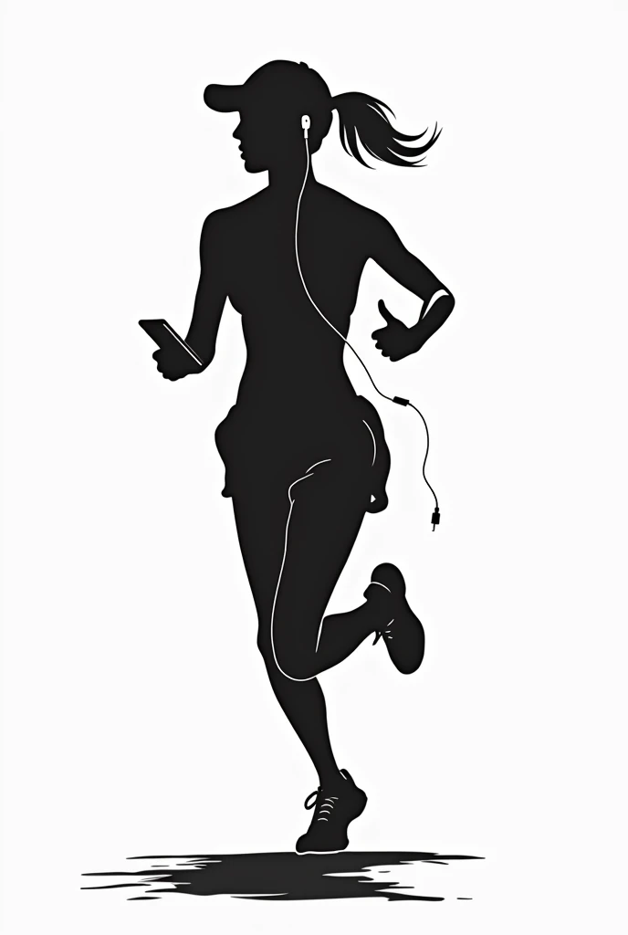 Silhouette Art。PAPERCUT。Solid black。No background。Dynamic Movement。Woman running alone。Holding your phone in your hand。White earphones in ears。A wire is connected to the smartphone in your hand。Wearing large shorts with a white equalizer pattern。Small breasts。A Cup。Right facing。Model body type。White patterned running shoes。Put on a cap。