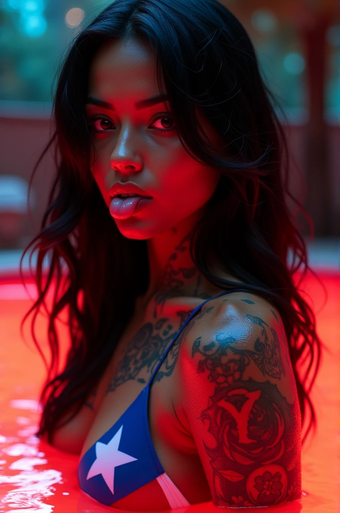 Side View :{Higher resolution of a baddie caramel, latina blasian mixed women,colorful tattoos ,glossy skin extremely long glossy black hair touching the floor,} she wrapped around in a puerto rican flag , she standing in bioluminescent red glowing water, smiling with her tongue out, water dripping from her lips