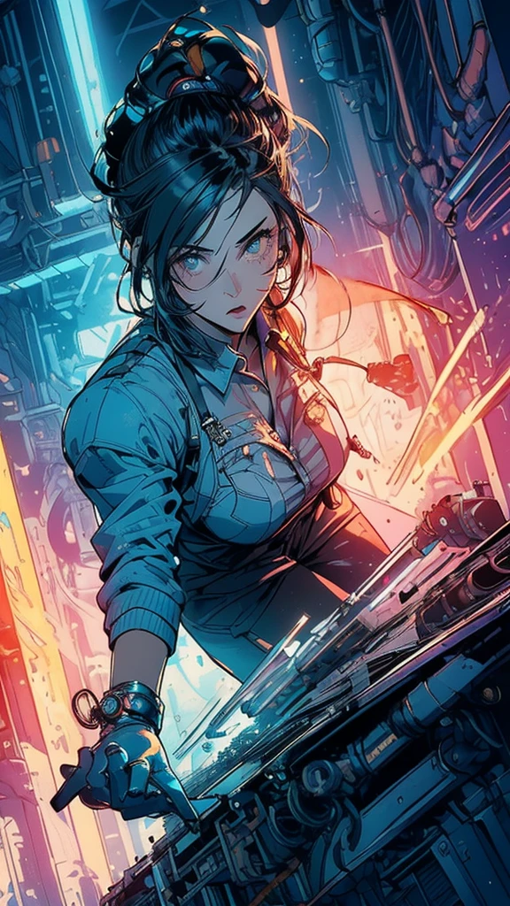 (((masterpiece, highest quality))),(((solo:1.2))),(((1girl:1.2))),32k wallpaper, very detailed, poster, vintage science fiction,(((((geometric cinematic movie poster))))), (bauhaus), shape,(((abstract))),(mid century modern),movie poster,(((((portfolio))))),(((((Close-up))))),(((((bust up))))),((((more various angle)))),(((highlight))),((((heterochromia)))),(((complete. detailed face))),(((Extremely talented))),(((((most complecated machine))))),(((((unlimited mechanic Workaholic))))),(((Absolutely detailed Mighty machines background))),neon light,((((Dynamic poses))))