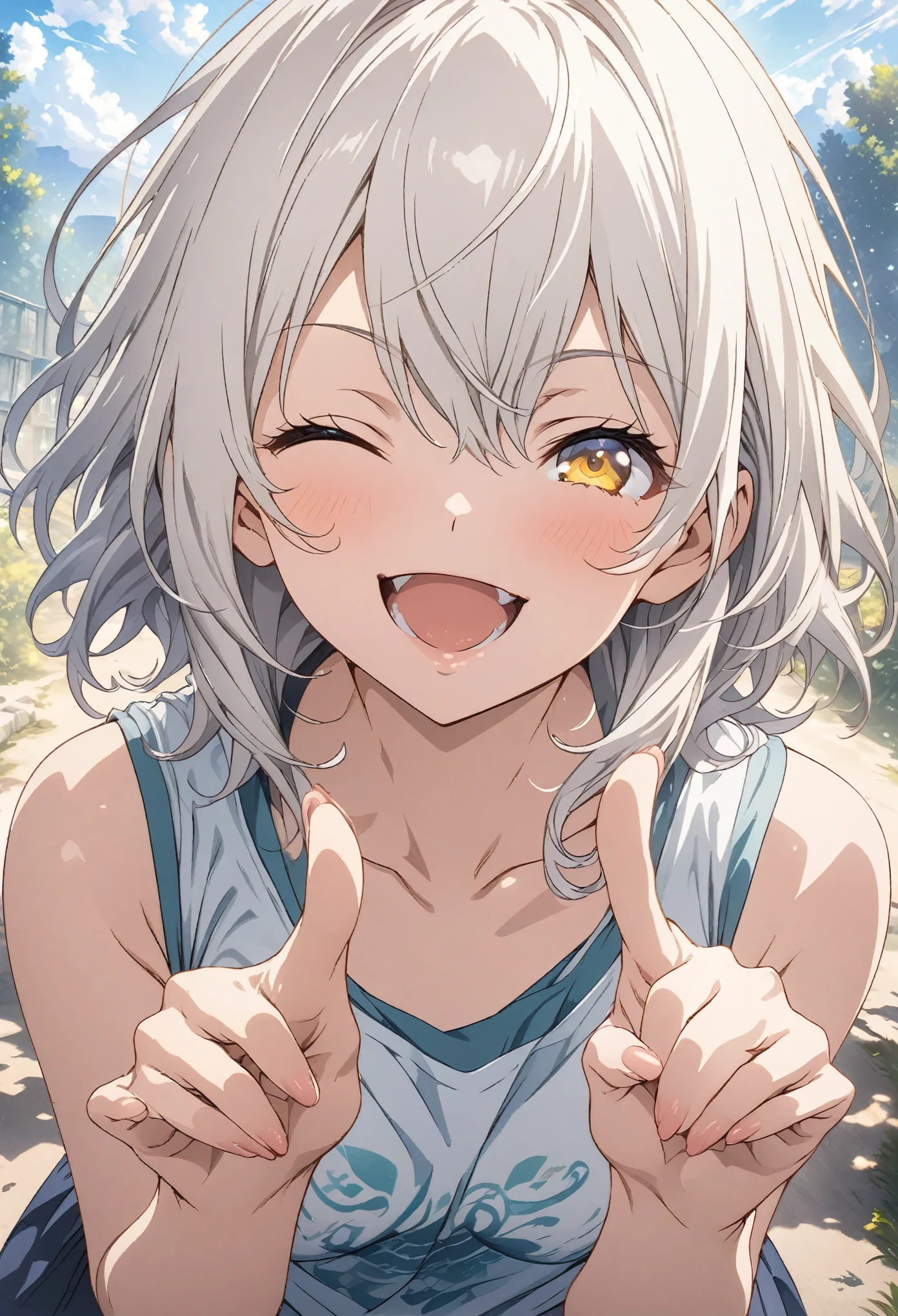 masterpiece, Highest quality, Highly detailed CG Unity 8K wallpapers, High School Girl Anime Illustration. Wear an oversized tank top、Make a finger gun pose、she has her eyes closed and mouth open, smile. The background is a light pastel colored landscape.., white hair color, Yellow Eyes