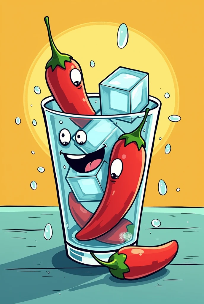 Glass with ice and whole red jalapenos as a cartoon