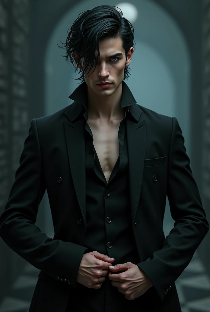 A sexy male with delicate facial features, black long hair, and teal blue eyes with all-black gothic clothes. Standing and putting his hands on his seductive hips. No facial hair.