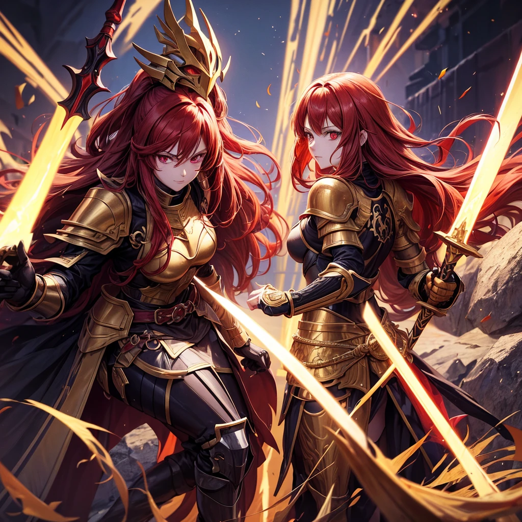 A woman with medium-long red hair with one red eye and the other golden with black armor with purple and a skirt behind the armor without a helmet and a golden sword at her waist looks at a plain
