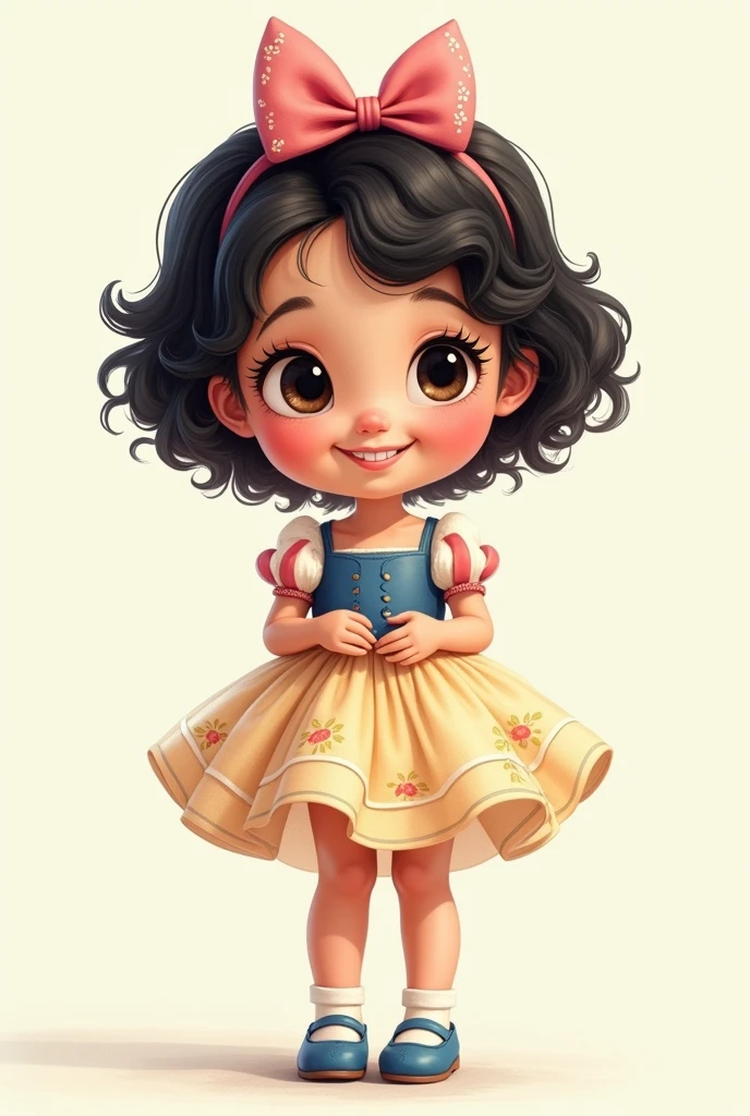 A 2-year-old Pixar cartoon style girl with a beautiful Snow White dress, light eyes and short curly black hair, smiling and very cute with a bow on her head and blue shoes and white skin. 