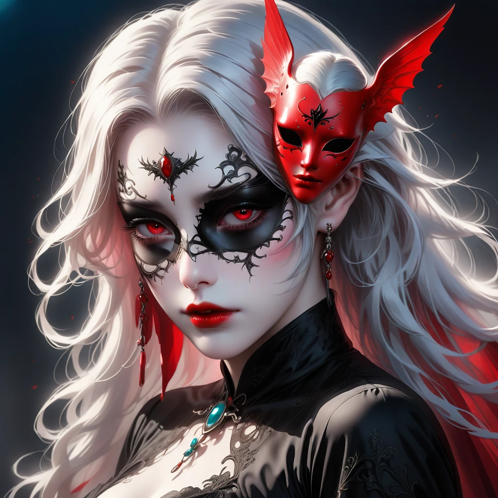 (hand holding mask:1.5),(White haired ghost,slickedback hair,Eyes red),(gothic art),(fearow:1.5),(Correct human anatomy:1.37)
