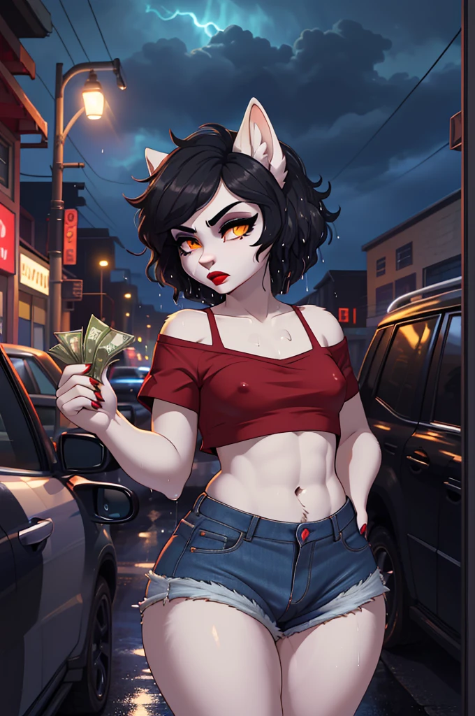 (masterpiece), (best quality), (high res) (solo), (perfect anatomy) (perfect face), wolf and sheep hybrid, (black hair), (black wool), (curly short hair), fair skin, ambiguous gender, (1boy1girl), flat chest, wide hips, thick thighs, (blue jean mini shorts), (), ((red tiny top)), yellow glowing in the dark eyes, angry, androgynous, (long eyebrows), ((deep red lipstick)), ((black eyeshadow)), sexy pose, a street full of people, ((talking to someone inside a car)), ((grabbed by an taller unknown man from behind)), ((money in her hands)), (((butt against n crotch))), (((rainning))), (((storm))), (((wet))), (((wet clothes)))