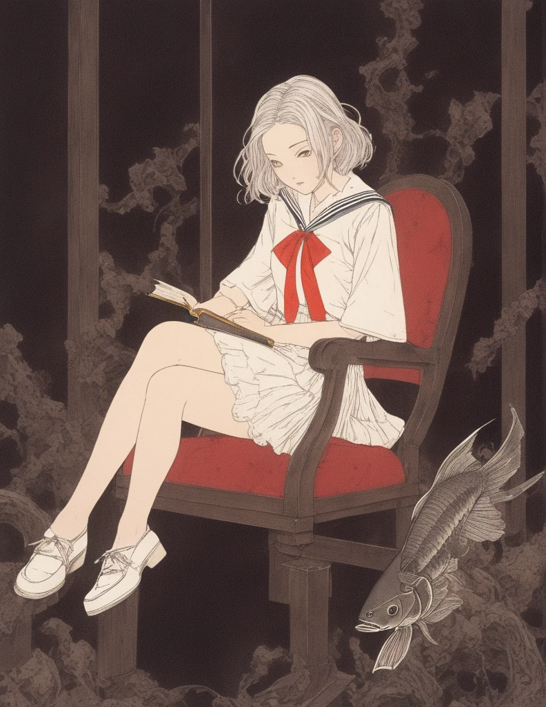 Japanese line drawing    , Produce an illustration of a beautiful girl sitting on an antique chair and reading a book in a library under the sea. The main character is a high school girl with medium white hair. She is wearing a sailor uniform with a red ribbon tied around her neck. she is wearing loafers. fantay view . The library is underwater . full of fish . Please make it look like the key visual of the anime. , knots, BDSM , Floral Damask Background ,  Takato Yamamoto style    , 